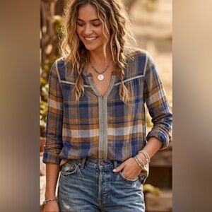 Roxy Embroidered Boho Plaid Blouse // Coastal Cowgirl Indie Peasant Top XS